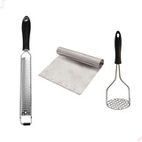Kit Chef Ralador Fino Espátula Inox E Amassador De Batatas