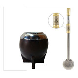 Kit Chimarrão Cuia Uruguaia Torpedo Couro E Bomba Inox Ouro