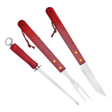 Kit Churrasco 3 Peças Faca Garfo Chaira Inox Cabo Madeira