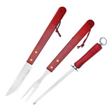 Kit Churrasco 3 Peças Faca Garfo Chaira Inox Cabo Madeira