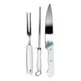 Kit Churrasco 3 Peças Inox Com Cabo Branco Faca Chaira Garfo