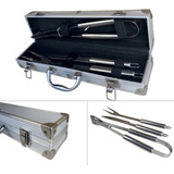 Kit Churrasco 3 Peças Inox Faca Pinça Garfo Maleta Alumínio