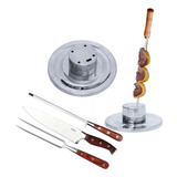 Kit Churrasco 3 Peças Suporte Espeto Em Alumínio 5 Furos