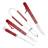 Kit Churrasco 4 Peças Faca Garfo Pegador Chaira Inox Madeira