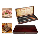 Kit Churrasco Com Caixa De Madeira E Chaira Garfo Faca Inox