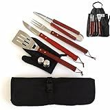 Kit Churrasco Completo 8 Peças Em Inox E Cabo De Madeira Com Estojo Avental Faca Garfo Pegador Espátula Saleiro Paliteiro E Luva FLA BLESS