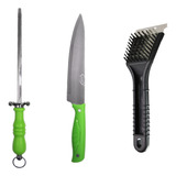 Kit Churrasco Faca Chaira Verde Escova Limpadora De Grelha