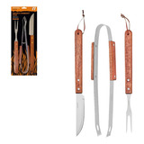 Kit Churrasco Faca Garfo Pegador Inox Cabo De Madeira 3 Pçs