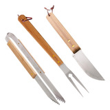 Kit Churrasco Faca Garfo Pinça Aço Inox Em Madeira Bambú