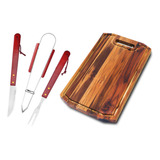 Kit Churrasco Tábua Carne Faca Garfo E Pegador Para Grelha
