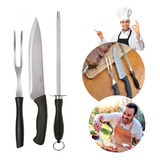 Kit Churrasqueiro Conjunto Assador Faca Garfo E Chaira Inox