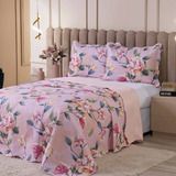 Kit Cobre Leito 3 Pçs Casal Queen Colcha Matelada Dupla Face Cor Rosa Estampa