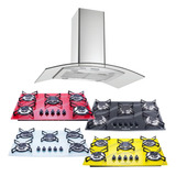 Kit Coifa Ilha Gourmet 90cm E Cooktop 5 Bocas Safanelli