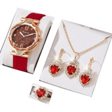 Kit Colar Brincos Pulseira Anel E Relógio Feminino