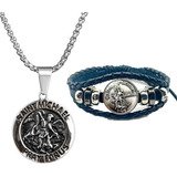 Kit Colar Corrente São Miguel Arcanjo Aço Pulseira Couro Cor Prateado