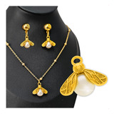 Kit Colar E Brinco Abelha Bee Banhado A Ouro 18k Amarelo Top