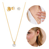 Kit Colar E Brinco Pingente Feminino Ponto De Luz Pedras De Zircônia Conjunto Banhado Á Ouro 18k E Com Antialérgico Andréia Brinco Acessórios