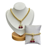 Kit Colar E Pulseira Cereja Cherry Corrente Folheado A Ouro