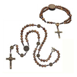 Kit Colar E Pulseira Terço Com Medalha De São Bento Madeira