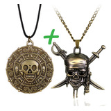 Kit Colar Piratas Do Caribe Jack Sparrow Medalha + Caveira