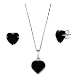Kit Colar Prata 925 + Par Brincos Coração Zircônia Conjunto Cor Preto