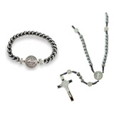 Kit Colar Terço Pulseira Hematita São Bento Cruz Medalha