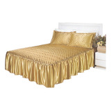 Kit Colcha Cobre Leito Solteiro Cetim Matelada Babado 2 Peça Cor Dourado