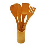 Kit Colher De Bambu 4 Talheres Suporte 