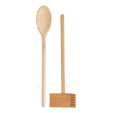 Kit Colher De Pau Madeira 27cm Com Amaciador De Carnes 24cm