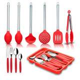 Kit Colher Silicone Cozinha 7 Peças Vermelho Cabo Inox Promo