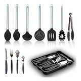 Kit Colheres De Silicone Cabo Inox Com 2 Colheres Concha Escumadeira Espátula Pegador E Pinça Cabo Inox Preto verm