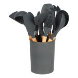 Kit Colheres Silicone 12 Peças Cozinha Com Suporte Madeira