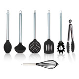 Kit Colheres Silicone 8 Pçs Cabo Inox Utensílios De Cozinha