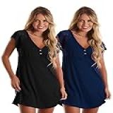 Kit Com 2 Camisolas Em Viscose Com Detalhes Renda Estilo Camiseta Noite Dormir Amamentação Maternidade Feminina Preto Azul Marinho G 