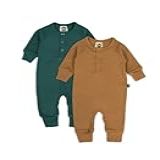Kit Com 2 Macacões Canelados Para Bebê - 100- Algodão - Manga Longa - Unissex - Neutro - MiniMalista Baby -Liso Deep Green -verde- E Goldie -mostarda-- 12-18 Meses-