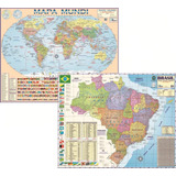 Kit Com 2 Mapas Atlas Geográfico Político Escolar Planisférico = Brasil E Mundi - Dobrado Gigante Medindo 1.2m X 90cm - Estudo Geografia Vestibular Viagem Turismo - Equipe Multivendas