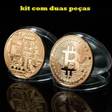 Kit Com 2 Peças Moeda Bitcoin Física Banhada A Ouro