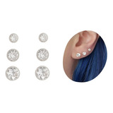 Kit Com 3 Brincos Redondo Zirconia Segundo Furo Prata 925