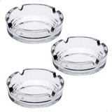 Kit Com 3 Cinzeiro Redondo Vidro Liso Transparente 10cm