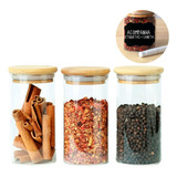 Kit Com 3 Potes Herméticos De Vidro Com Tampa Bambu 300ml