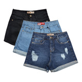 Kit Com 3 Shorts Jeans Femininos Cintura Alta Bamborra