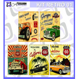 Kit Com 5 Adesivos De Parede Retrô Carro Placa Vintage Kit 1