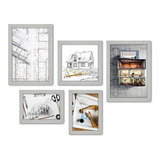 Kit Com 5 Quadros Decorativos Arquitetura Projeto Sala Cor Moldura Branca