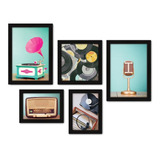 Kit Com 5 Quadros Decorativos Rádio Vitrola Vintage Sala 171