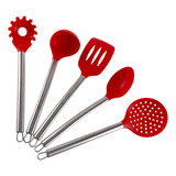 Kit Com 5 Utensílios De Cozinha Para Servir Escumadeira Colher Espátula Concha Pegador De Massa Em Silicone Resistente