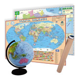 Kit Com Globo Inflavel 30 Cm 2 Mapas Mundi Brasil 