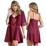 Kit Com Uma Camisola Mais Um Robe Microfibra E Acabamento Em Renda Cor-Roxo-Tamanho-M-38-40