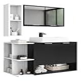 Kit Completo Gabinete Banheiro Ibiza Com Cuba E Armario Espelheira CasaJD PRETO COM BRANCO 