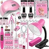 Kit Completo Para Unhas Em Gel 18 Peças Com Lâmpada UV LED 48W Gel UV Primer Top Coat Lixa Elétrica Acrílico Em Pó Tips Rosa