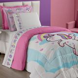 Kit Completo Solteiro Edredom Jg Lençol 06 Peças Unicornio